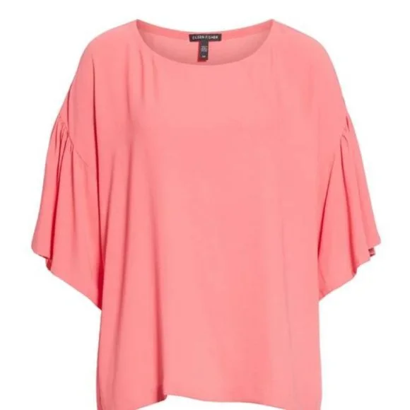 Eileen Fisher Flutter Sleeve Silk Georgette Boxy Top Pink Size 2X - Picture 2 of 10